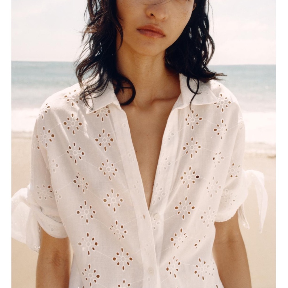 Zara White Eyelet Button Up Collared Blouse NWT